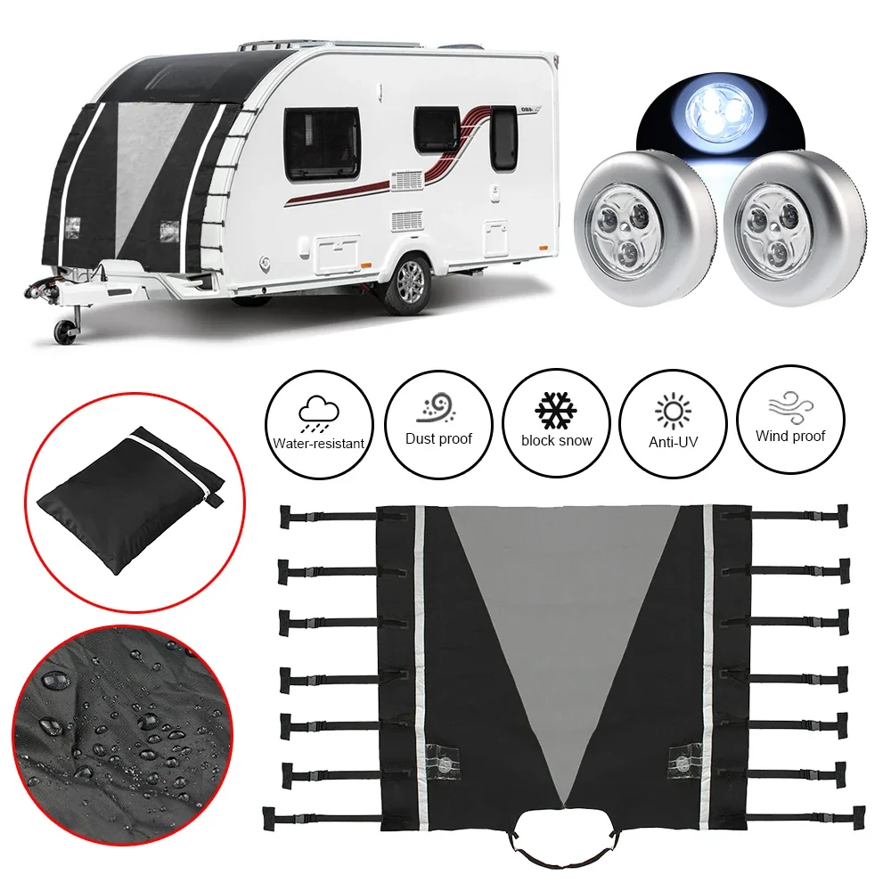 Waterproof RV Caravan Towing Cover - Universal Motorhome Front Cover with LED Lights and Dustproof Protection