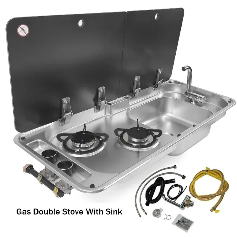RV Gas Stove Two Burner Rectangular Stainless Steel Sink Combo KW MM Thickness with 2 Glass Lids