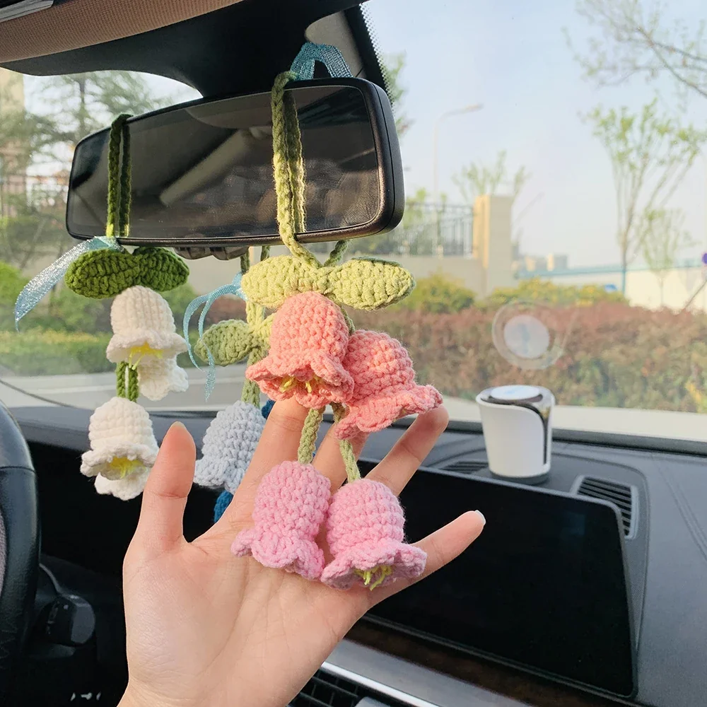 Lily of the Valley Car Ornament 3D Crochet Plush Interior Rearview Mirror Flower Decor