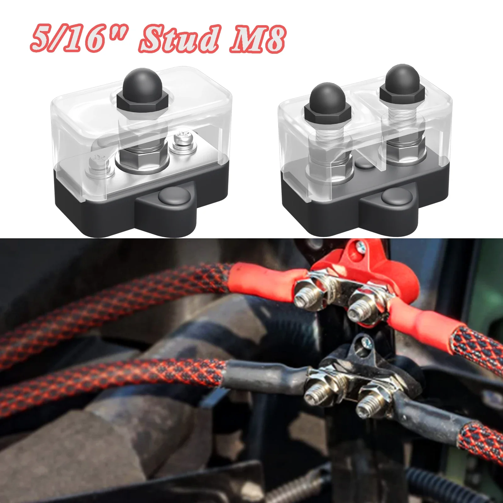 M8/M6 Busbar Battery Power Distribution Terminal Block 5/16" 48V Positive & Negative Plug for Car, Truck, RV, Boat