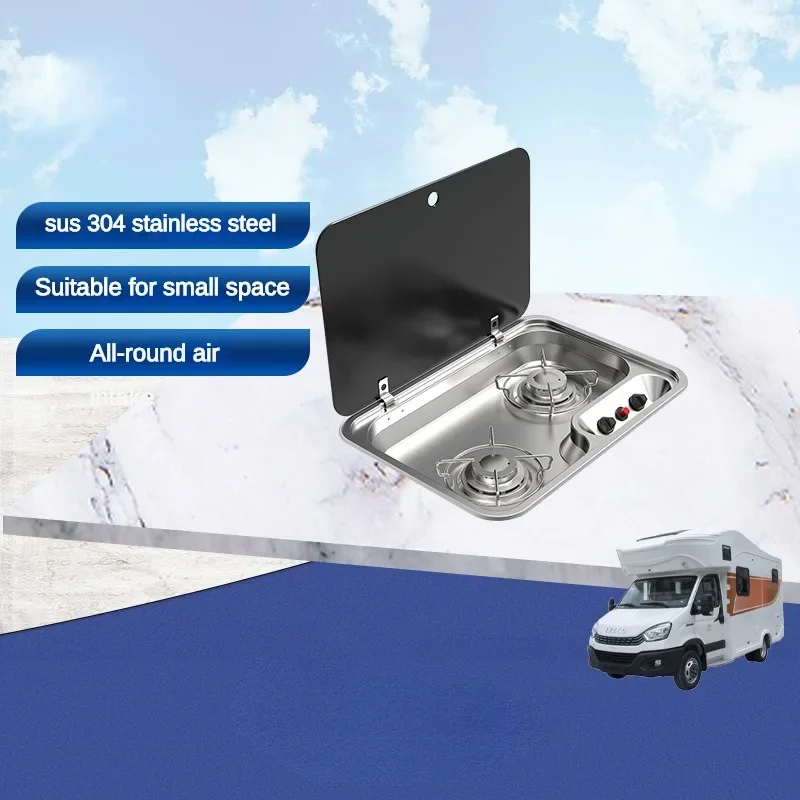 Outdoor RV Camper Kitchen Stainless Steel Double-Headed Gas Stove with Tempered Glass Cover, 2KW Accessories