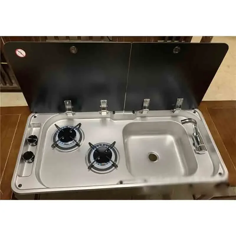 RV Gas Stove Two-Burner Rectangular Stainless Steel Sink Combo with 2 Glass Lids, KW/MM Thickness for Car Kitchens