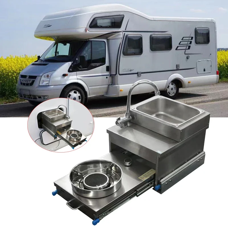 RV Stainless Steel Sink & Gas Stove Slide-Out Kitchen Combo for Camper Trailer, Caravan, Motorhome