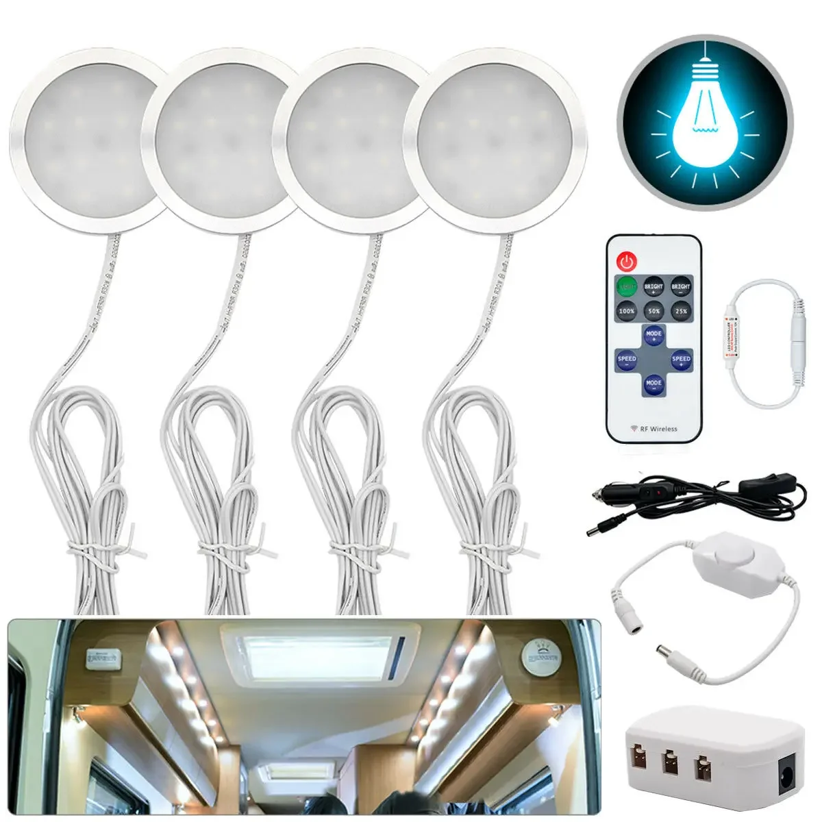 4x 12V Interior LED Spot Lights, Car Reading Light, Remote Control Switch for Caravan/RV/Camper, White 6500K, 300LM