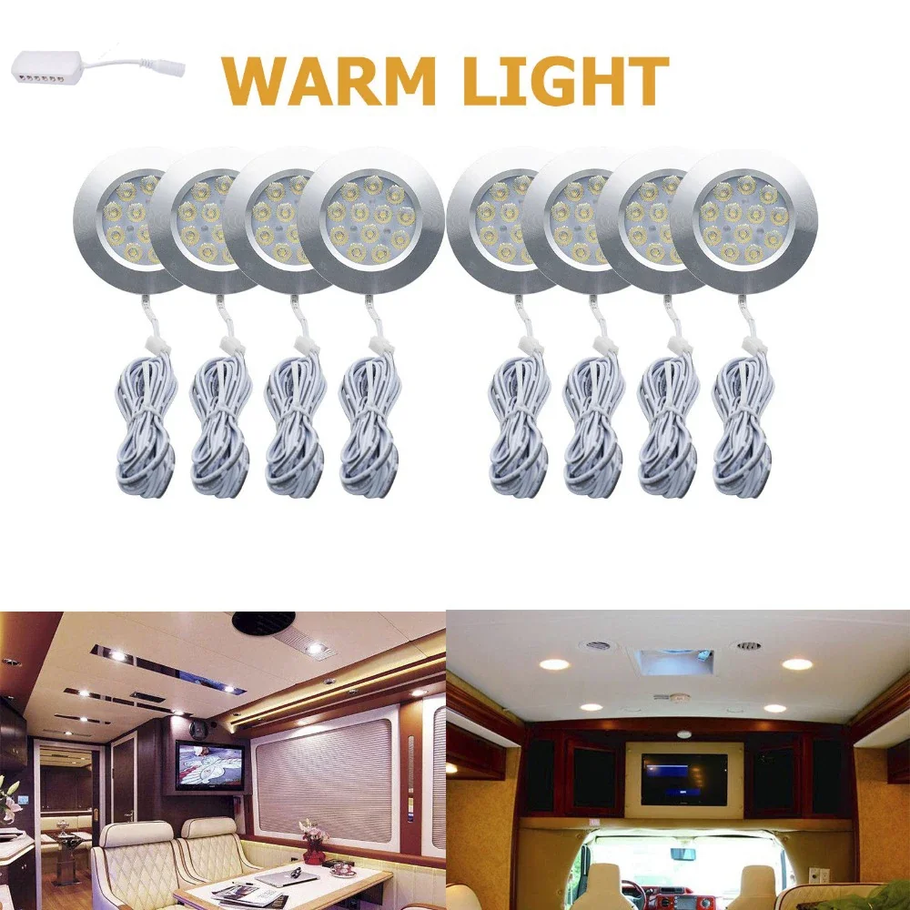 8" 12V LED Warm Round Spot Interior Dome Ceiling Light, 3W for Car, RV, Caravan, Camper, Trailer (Warm Light, 300lm)