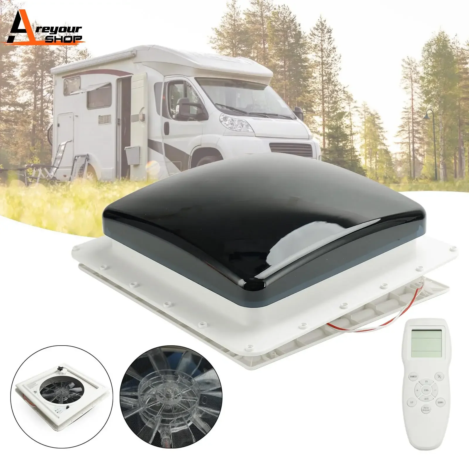 RV Caravan Roof Vent 12V Skylight Fan - 10 Speeds with Anti-UV & Rain Sensor, Remote Control