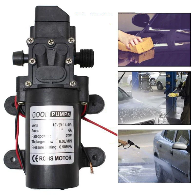 70W DC 12V Micro Electric Diaphragm Water Pump, Self-Priming, Automatic Switch, 6L/Min High Pressure for Car Washing and More