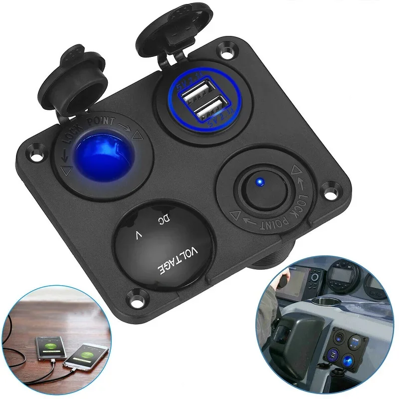 ABS Plastic Dual USB Socket Charger with Blue Digital LED Voltmeter 12V Power Outlet Panel