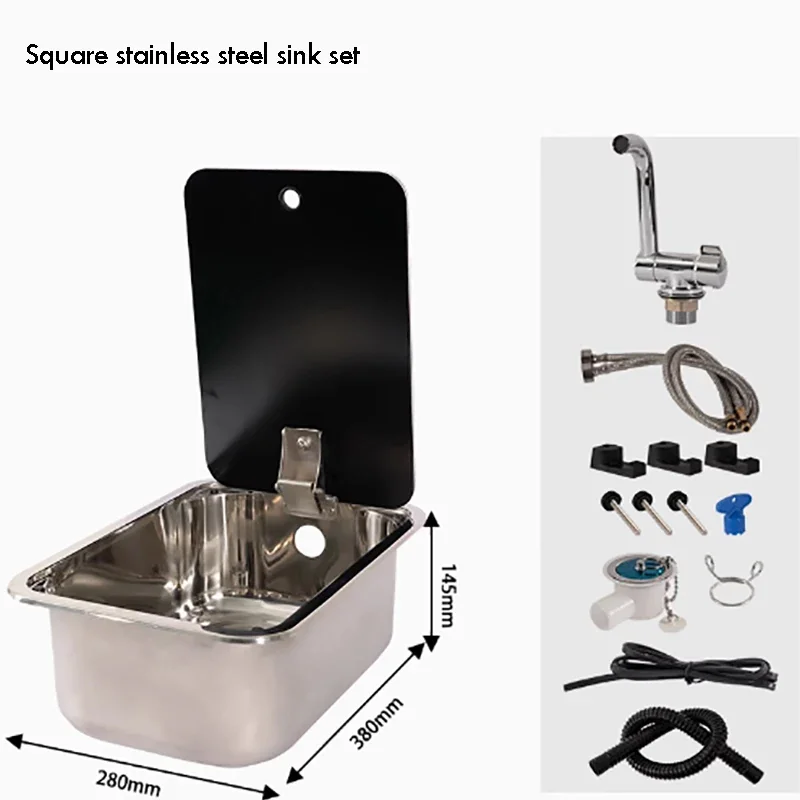 RV Sink With Faucet for Caravan Round & Square Stainless Steel Hand Wash Basin with Tempered Glass Lid Camper Accessories
