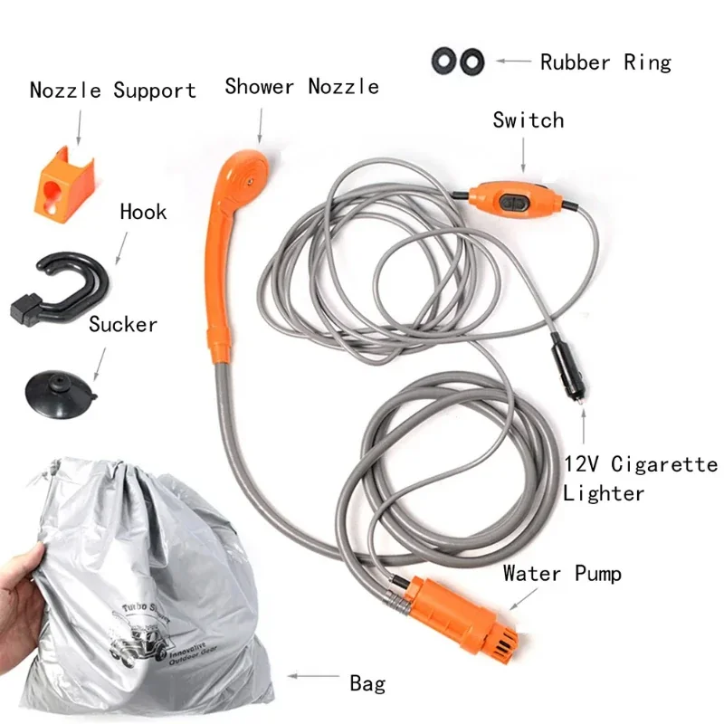 12V Electric Car Plug Outdoor Shower Pump Pipe Kit - 3 Colors