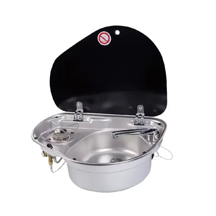 RV Gas Stove Stainless Steel One Burner Gas Cooktop with Sink and Tempered Glass Cover