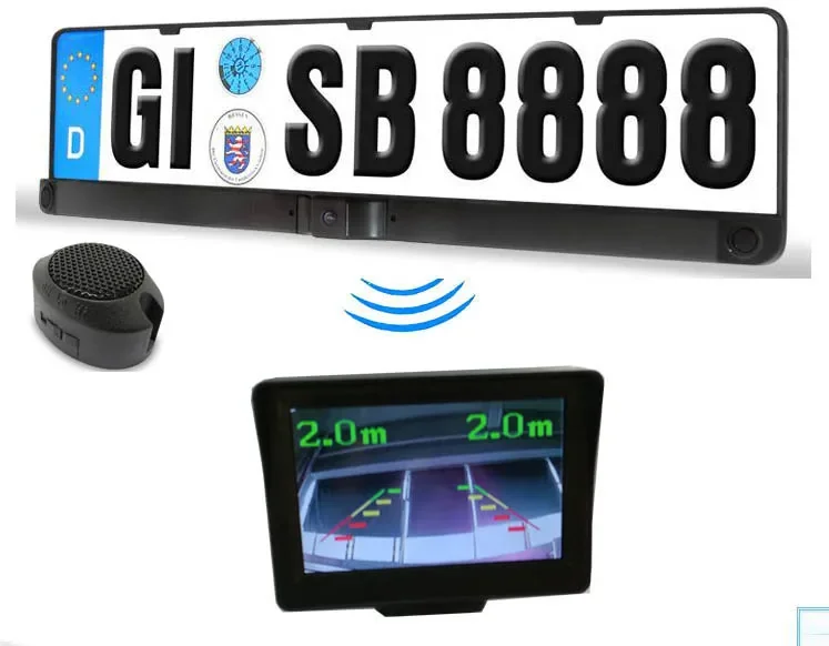 CISBO Wireless European License Plate Car Rear View Camera Parking Sensor System with Wireless Monitor