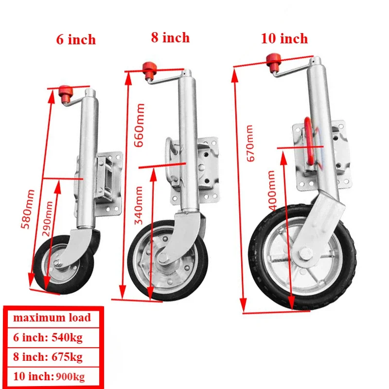 6/8/10 Inch Jockey Wheel Swing Up Solid Rubber Wheel Capacity 540~900KG Caravan RV Boat Trailer Jack Parts