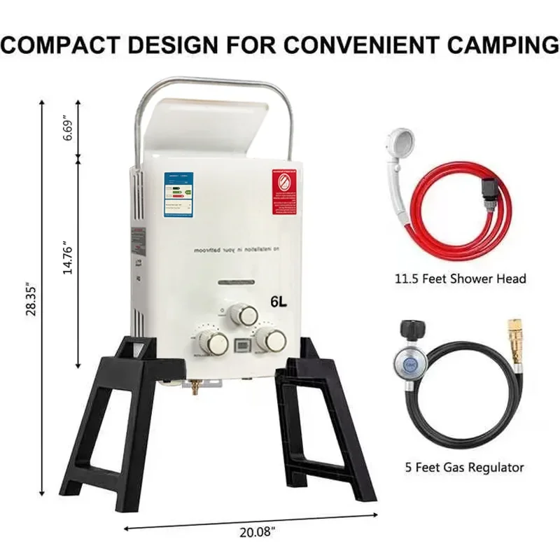 LPG Propane Water Heater 6L Instant Gas Water Heater, Overheat & Dry-Burn Protection, Digital Display for Camping, RVs, Cabin