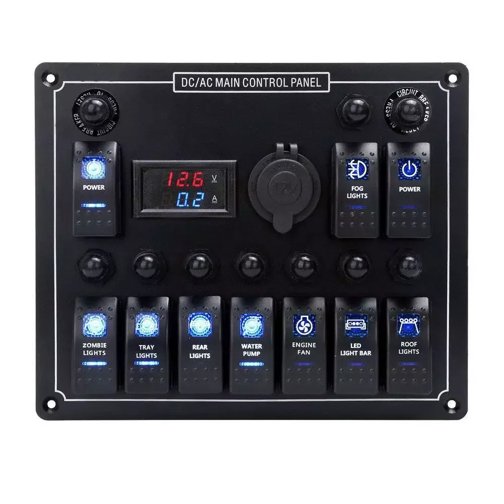10 Gang Marine Rocker Switch Panel Voltmeter Ammeter Fuse Circuit Breaker 12V/24V Car Boat Truck RV Control Panel Switch