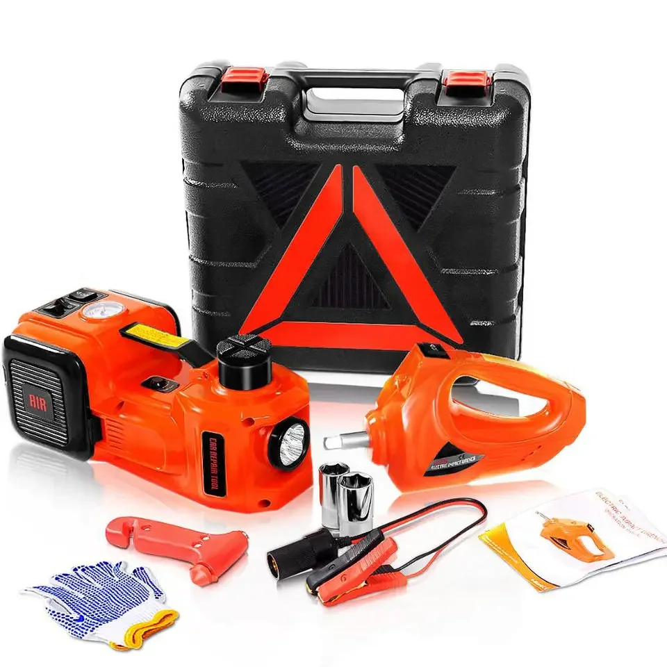 Electric Car Jack 5 Ton Hydraulic with Electric Impact Wrench, Inflatable Pump, and LED Light for Tire Change Garage Repair Kit