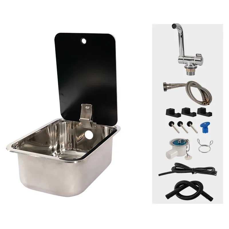RV Sink with Hot & Cold Water Faucet and Cutting Board Cover - 304 Stainless Steel for Campers, RVs, Boats, Yachts