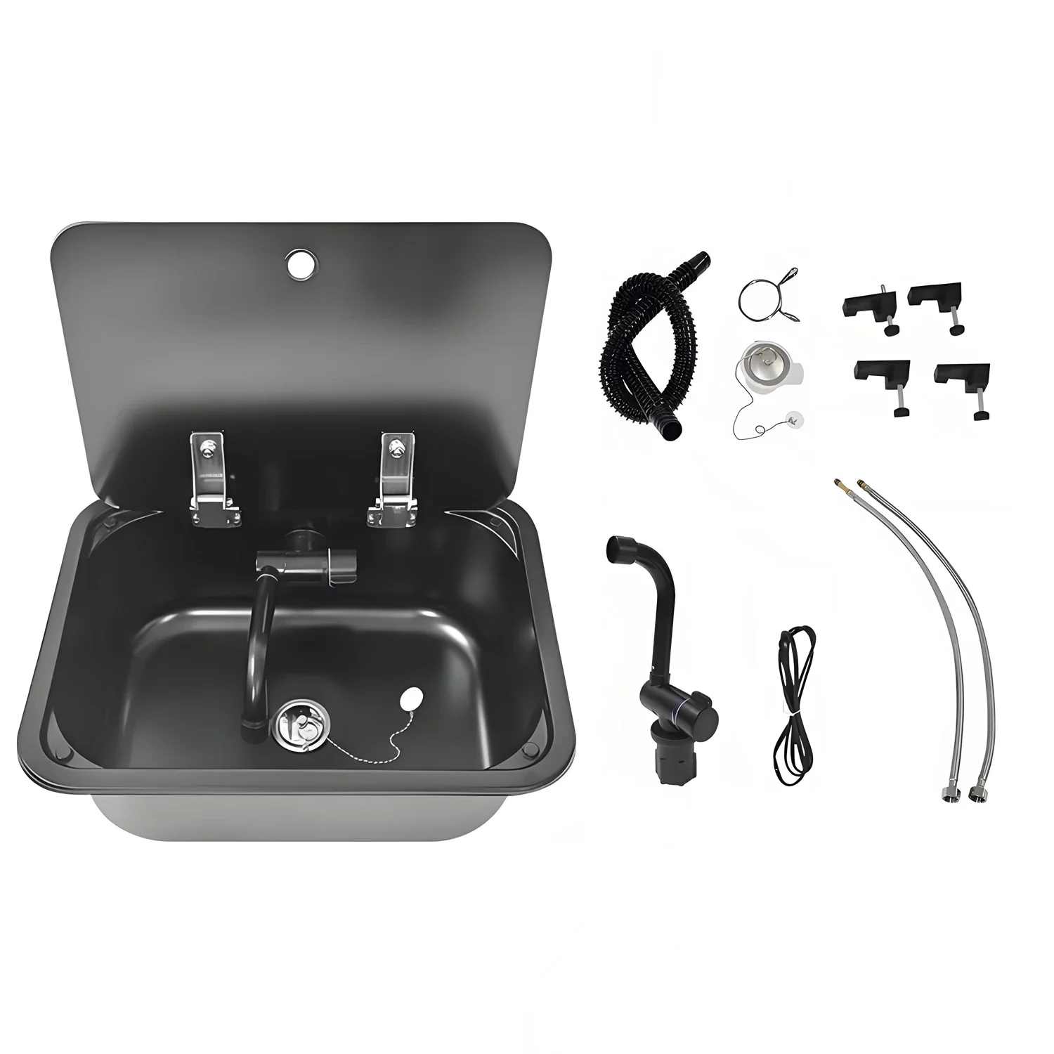 RV Sink with Faucet, 304 Stainless Steel Square Design, Tempered Glass Cover, for Boats, Caravans, Campers and Kitchens