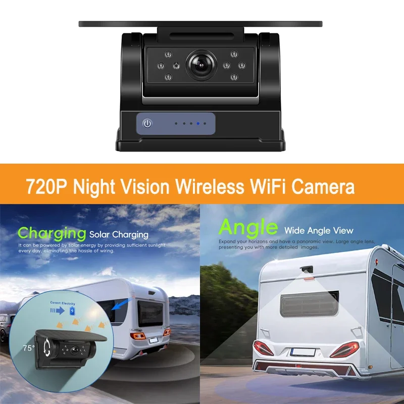 Universal HD 720P WIFI Camera for RV, Caravan & Car - Night Vision, Wireless, IP67 Waterproof, Magnetic Solar Charging