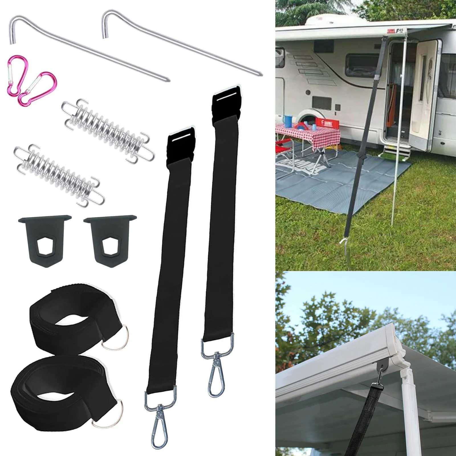 1Set Fiamma Caravan/Motorhome Awning Tie Down Bands Hooks - Type S (Black) - For F35, F45, F65 Awnings
