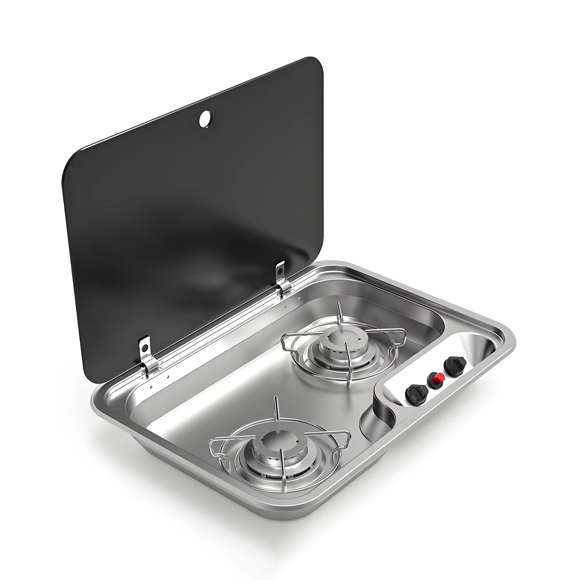 RV 2 Burner Gas Stove with Sink & Cover - Stainless Steel - Piezoelectric Ceramic Ignition - Model: [Model Number]