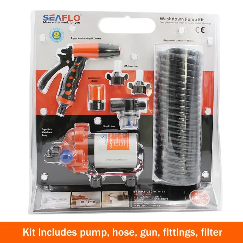 Seaflo RV Washdown Pump Kit, Deck Flushing, 33/51 Series with 6M Coiled Hose, Trigger, DC High Pressure Water Pump for Car Washing
