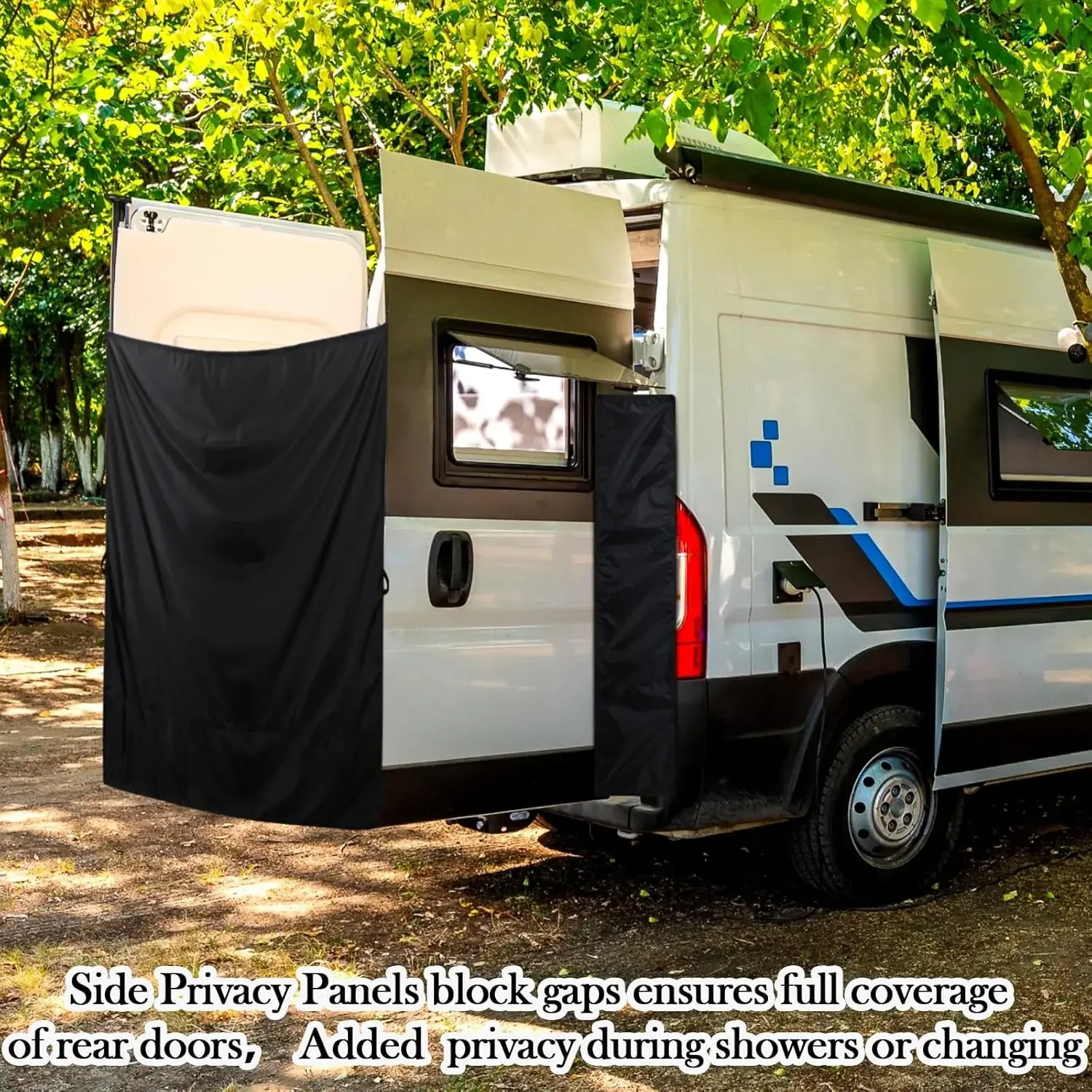 Camper Van Curtains - Rear Door & Shower Privacy Curtains with Side Panels and Hooks, Adjustable for Outdoor Shower, Car, Truck