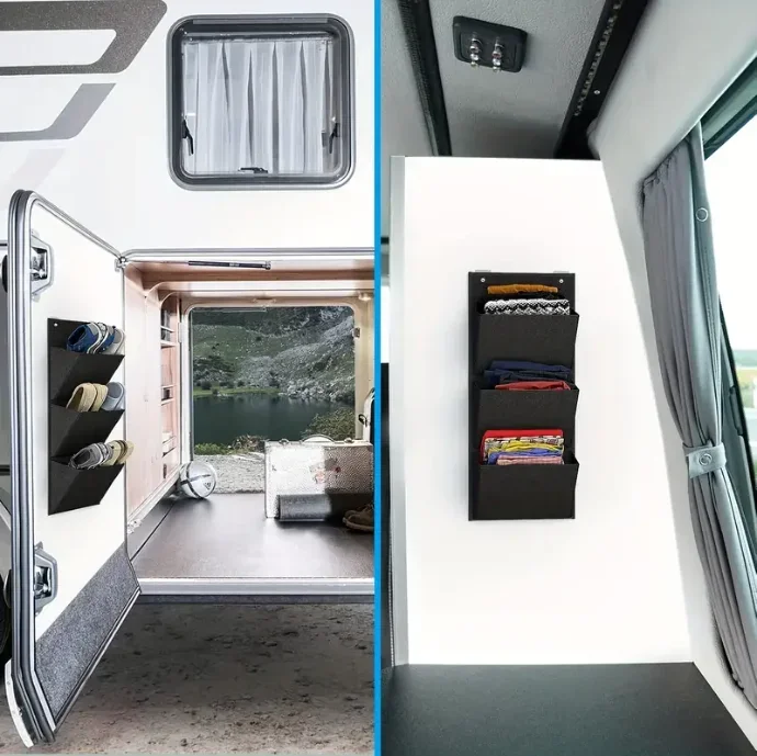 3-Compartment RV Shoe Storage Hanging Bag - Wall-Mounted Organizer with Multiple Pockets for RV Caravan Accessories