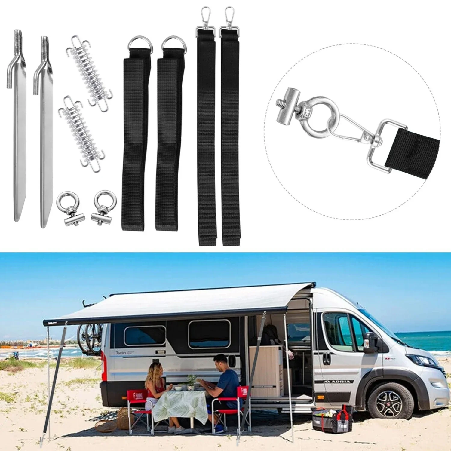 Fiamma Awning Fixing Kit - Durable Straps, Anti-Wind Springs & Hooks for Tent Stabilization in RV/Camper Van