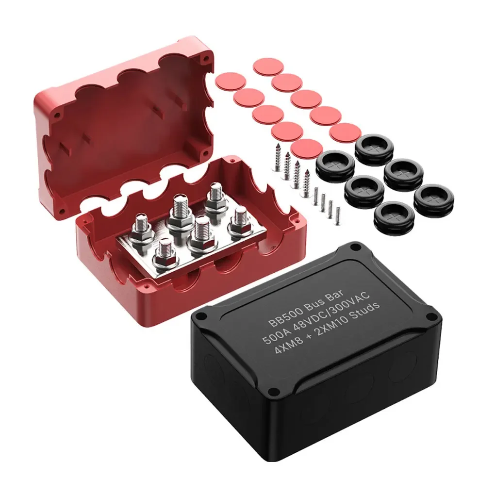 500A Marine Bus Bar, 48V Automotive Power Distribution Block, Big Current, 6 Studs with Red/Black Plastic Cover for RV, Car, Boat