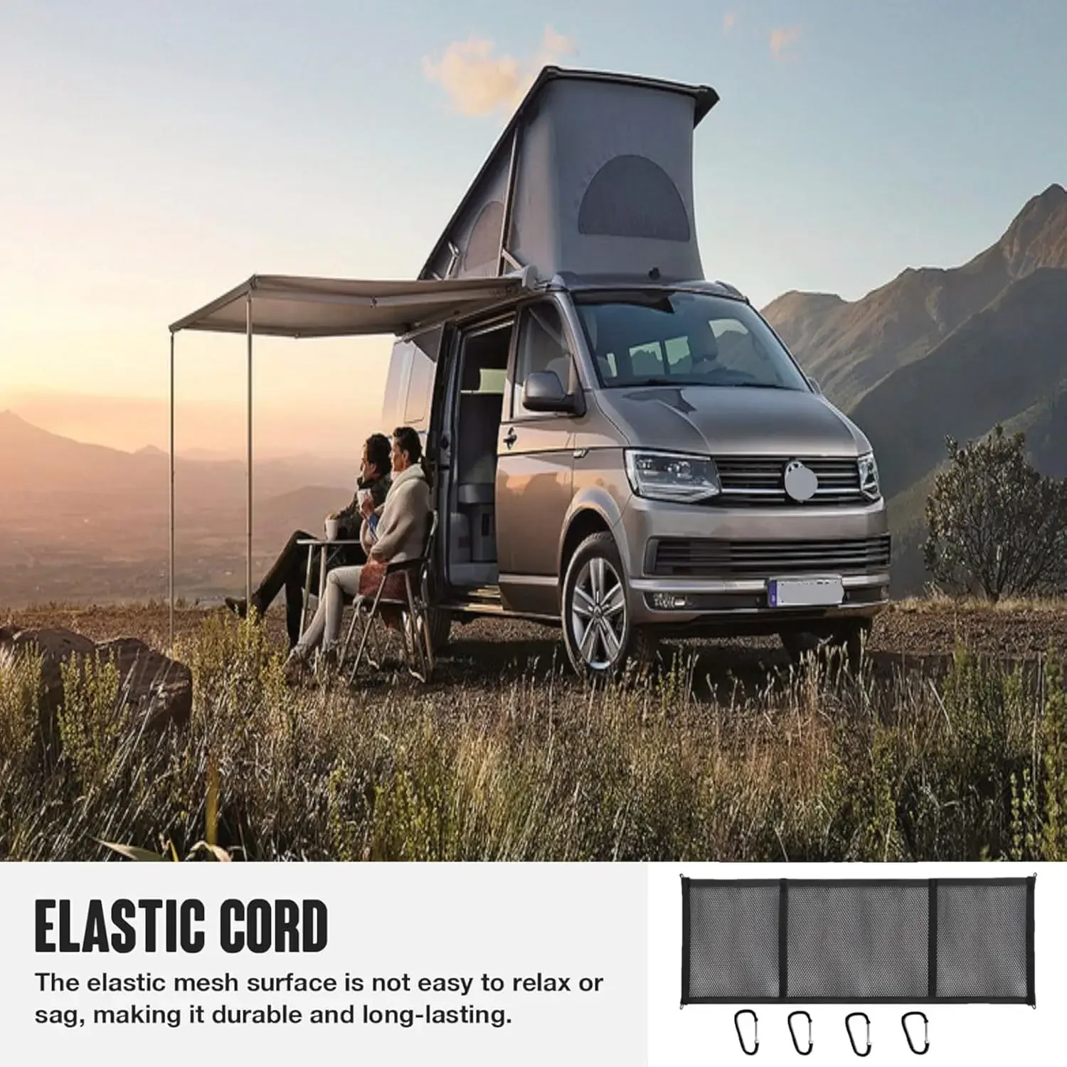 Car Storage Net Replacement for VW T5 T6 Standing Pitch Roof, Elastic Caravan Roof Luggage Net, Nylon Mesh Bag with 4 Hooks