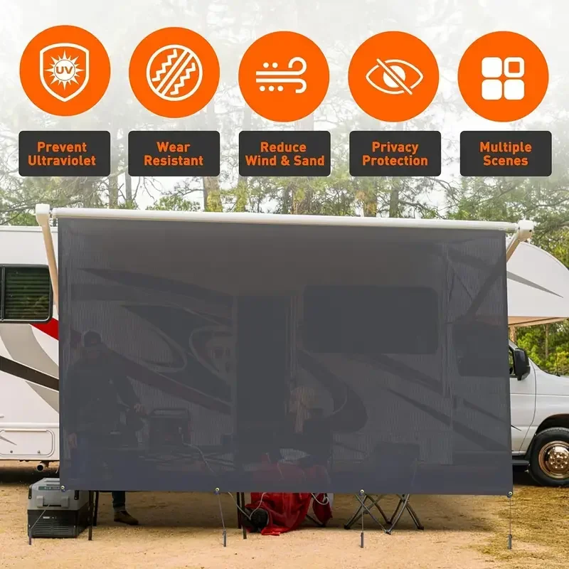 8xFT Black Mesh RV Sunshade Windproof UV Resistant Privacy Screen with Ground Nails and Ropes for Outdoor Camping