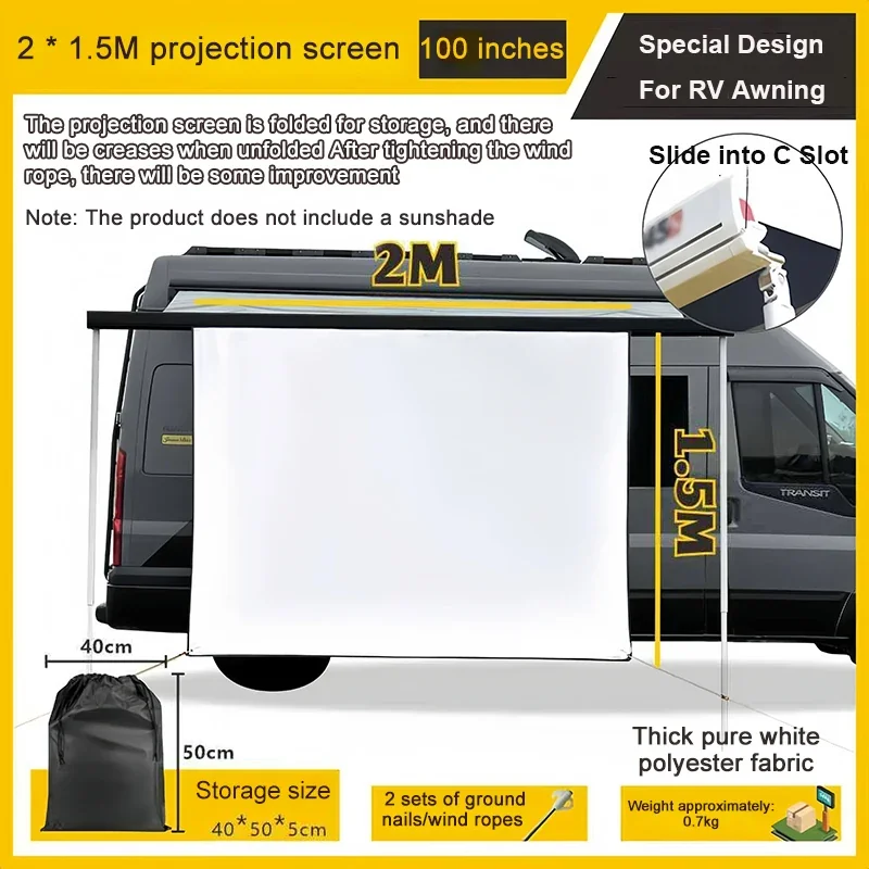 Folding Projection Screen Campervan Projector Screen Kits With C Channel Awning Bead Beder for Outdoor Camping, Car Side Tent