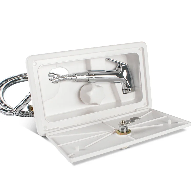 RV Exterior Shower Box Kit with Lock, Stainless Steel Faucet & Hose for Camper/Trailer Outside Showers