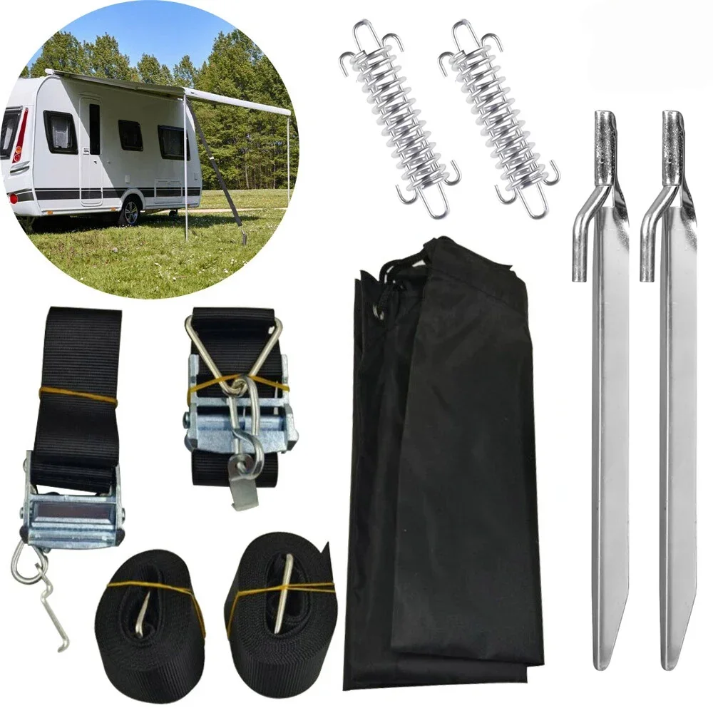 Camping Awning Storm Hold-Down Side Straps with Storage Bag for Thule Awnings WindbreakSecuring Hooks Caravan Motorhome