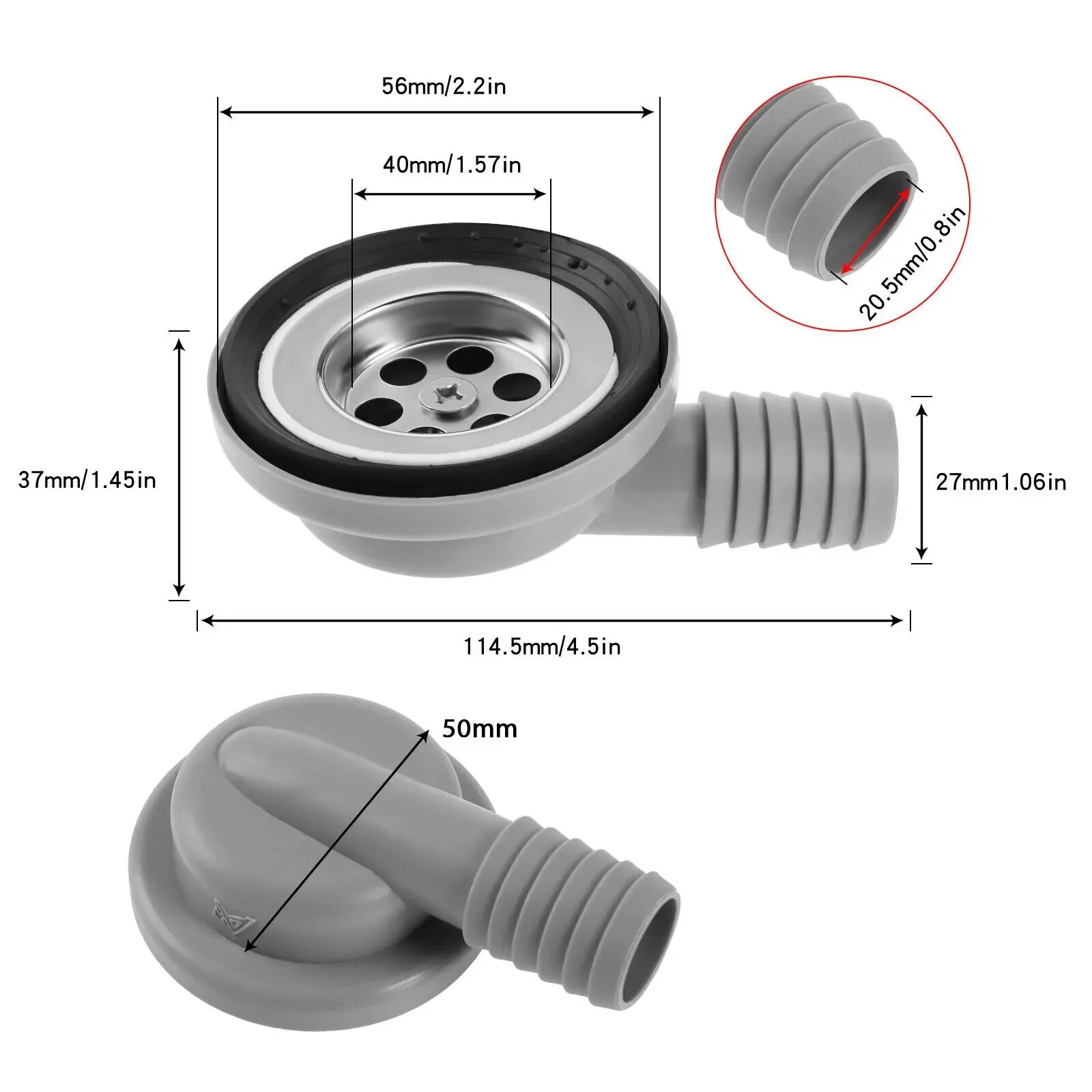 1pc 56mm Boat Sink Drain Plug Angle Fitting, RV Caravan Motorhome Waste Drain with Durable Filter