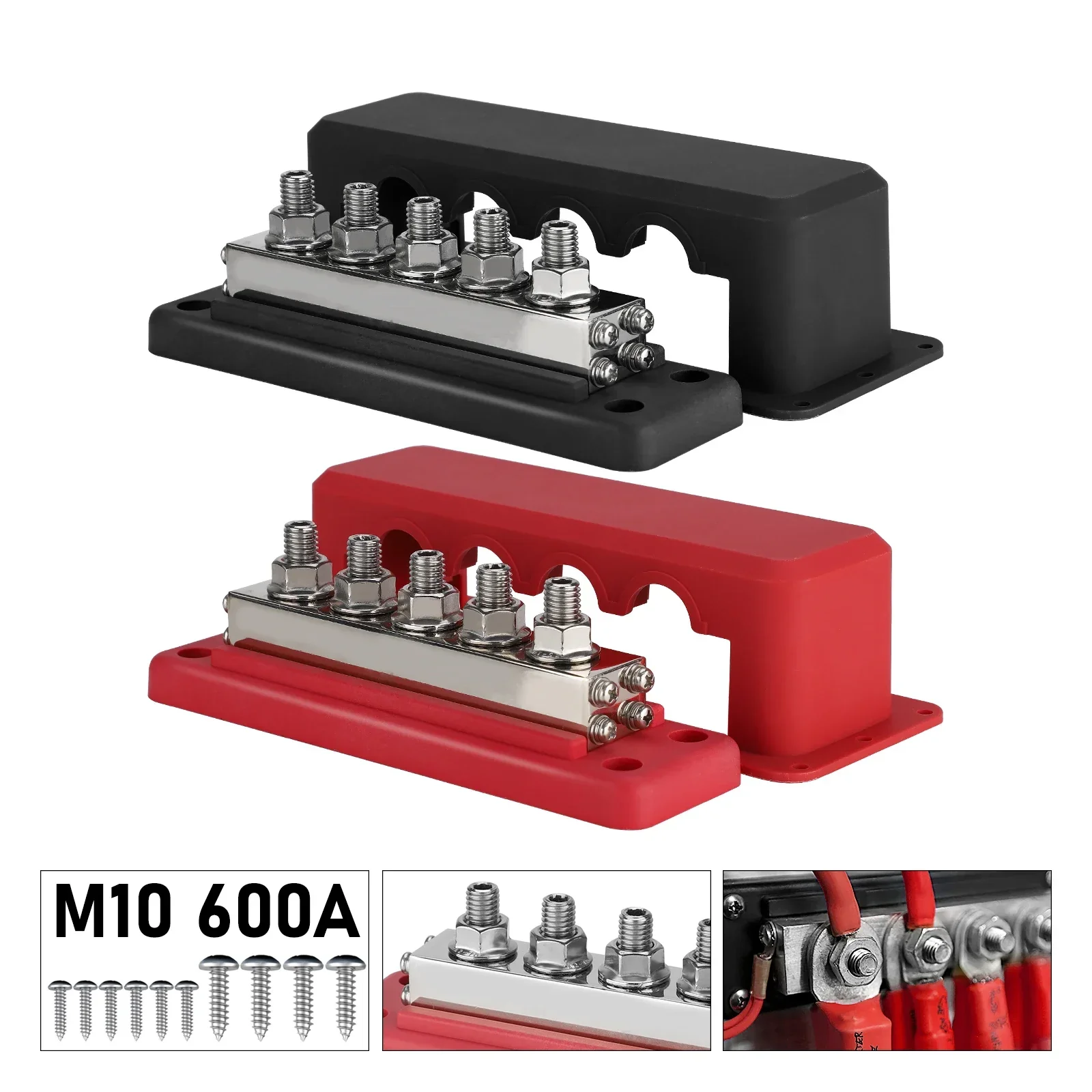 Busbar Terminal Block 5 Way Yacht Truck 600A Power Distribution Block M10 12V-48V DC For RV Car Boat Electrical Systems