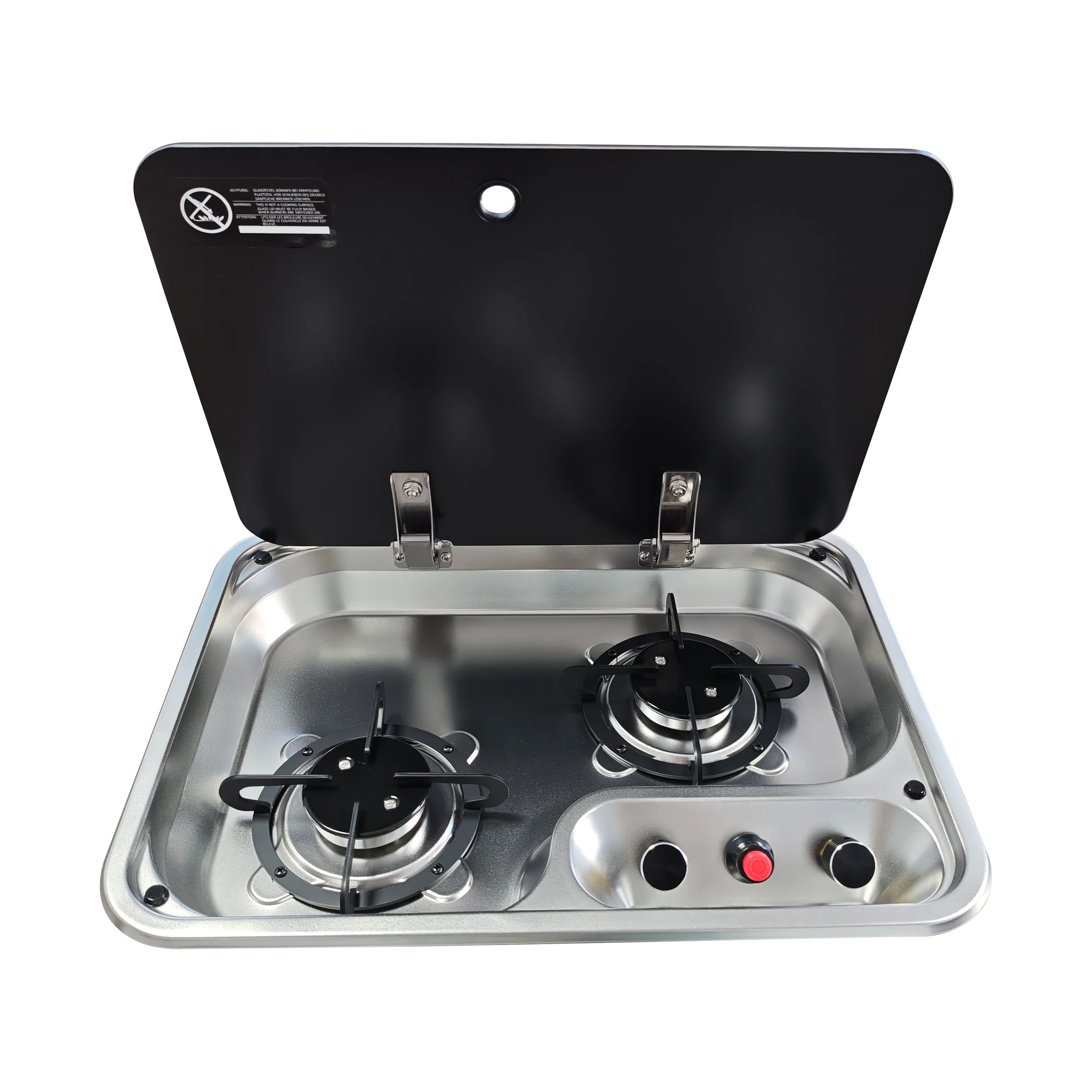 Minde Stainless Steel RV Cooktop Gas Stove - 2 Burner, Built-in, Glass Cover - Camper & Motorhome Cooktop