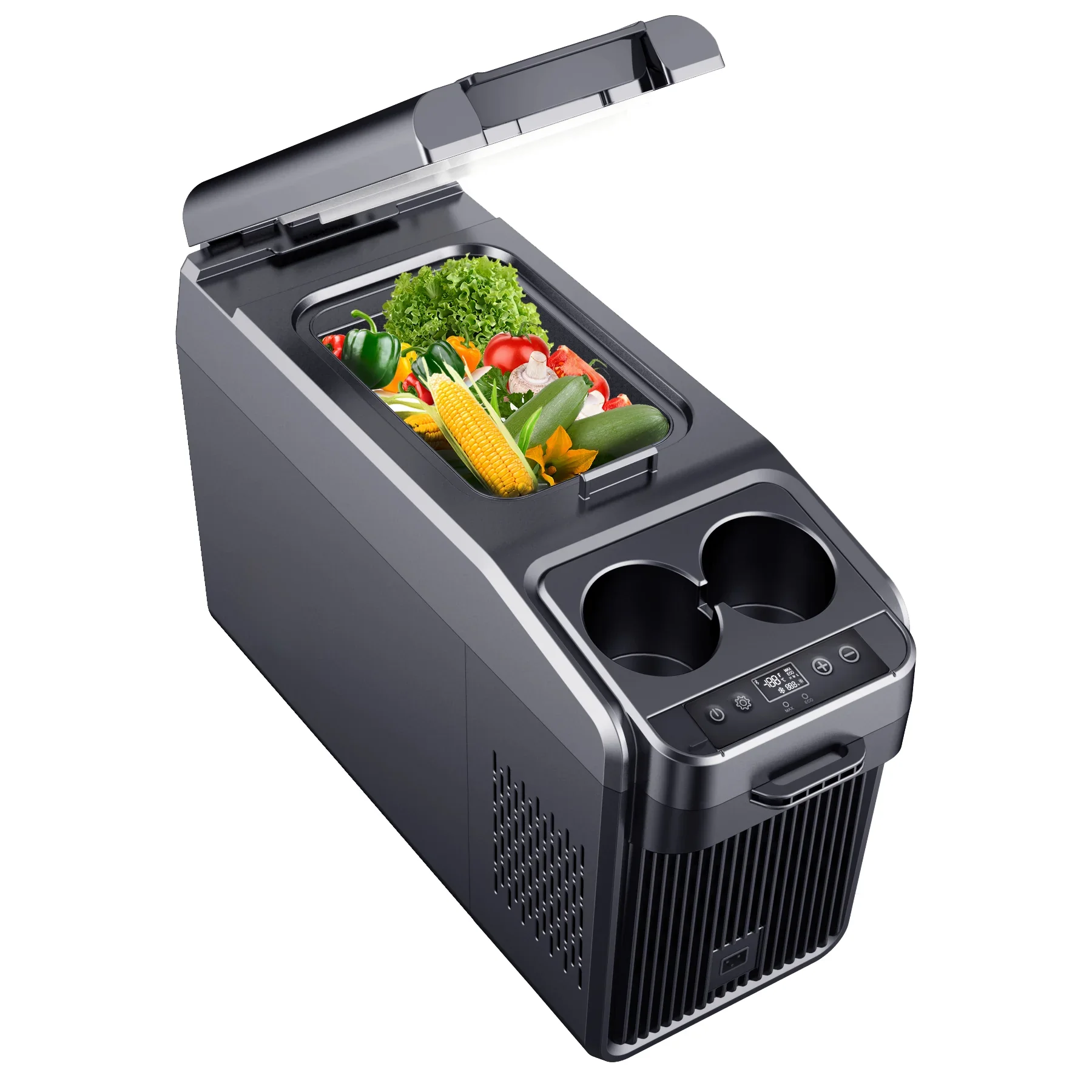 18L Electric Single-Zone Mini Car Freezer Cooler MPV SUV Horizontal LED Interior Aluminum Plastic Console Armrest Fridge