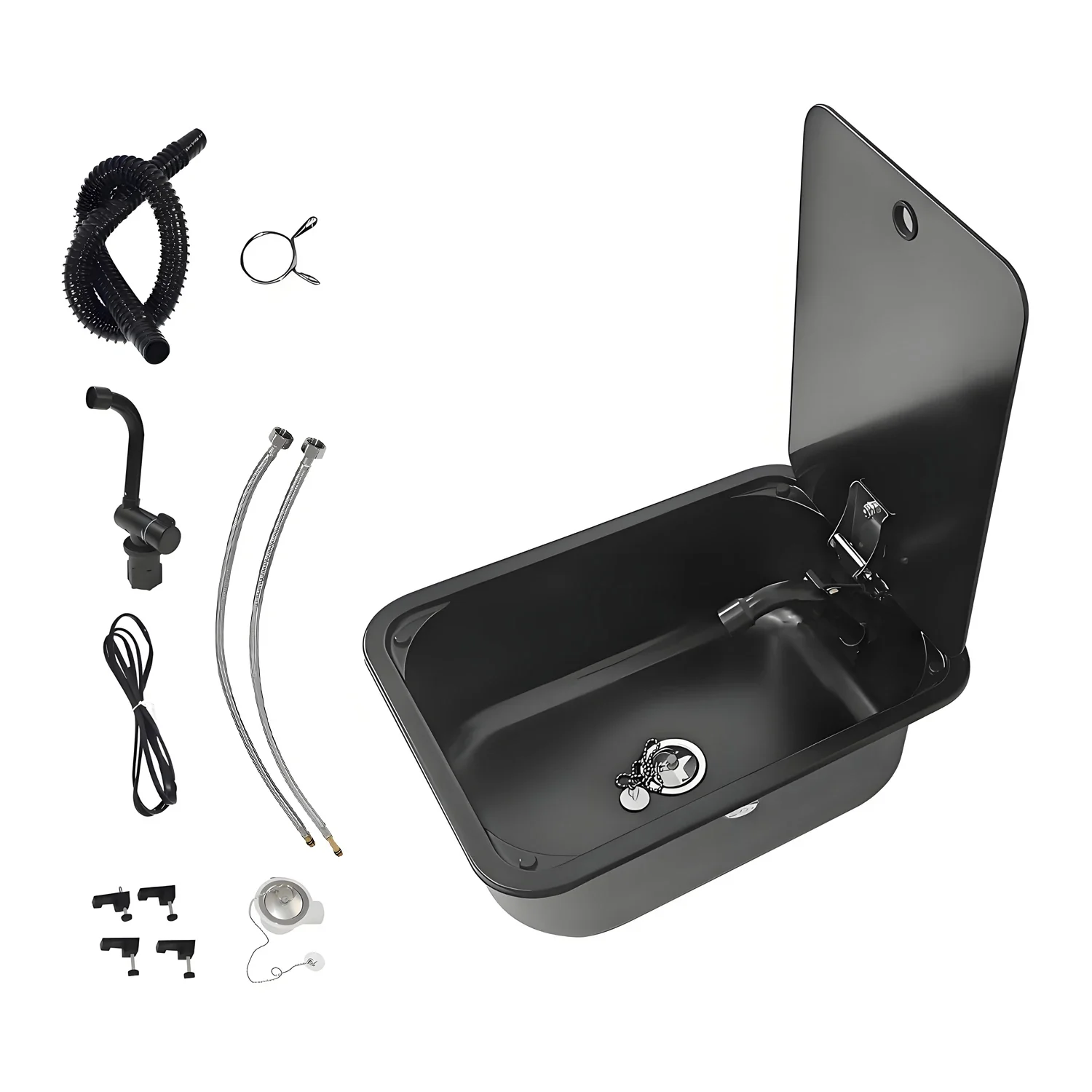 Black Stainless Steel RV Sink with Cutting Board Cover & Hot/Cold Faucet - Model #[Model Number] for Marine, Yachts & Camping