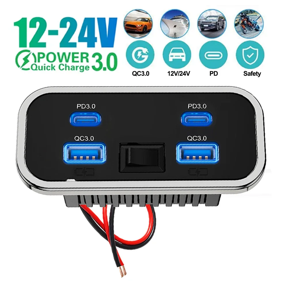 Car Charger Dual USB Type-C 4 Ports Quick Charge Socket QC+PD Power Adapter for SUV, RV, Camping, Bus & Marine