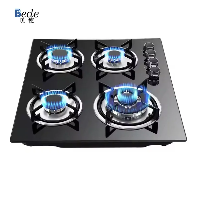 Black Glass Surface 4-Burner Gas Cooktop, Built-In Tempered Stove for Household, RV, Car & Outdoor Use - Battery/Electric Four-Cooker