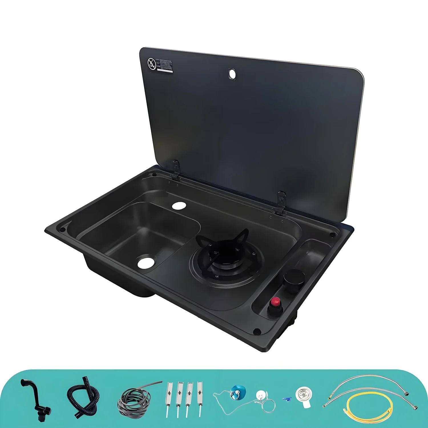RV Gas Stove Burner Cooktop 2 Burners Black Stainless Steel Sink with Faucet & Cover for Camper, Marine, & Motorhome use
