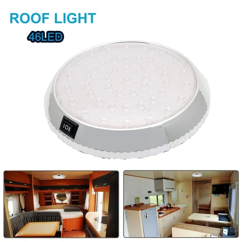 12V 46LED Caravan RV Round Ceiling Dome Lamp Car Roof Light Interior On/Off Switch for Camper Van, Motorhome & Boat