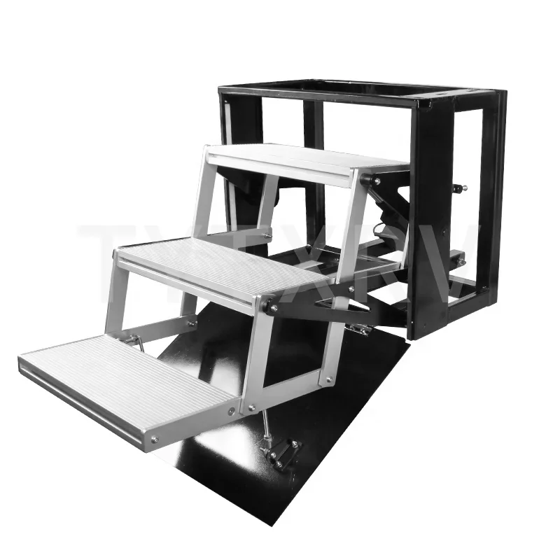 TYTXRV Adjustable RV Steps 520mm Aluminum & Stainless Steel Folding Electric/Manual Steps with LED Light (3 Step)