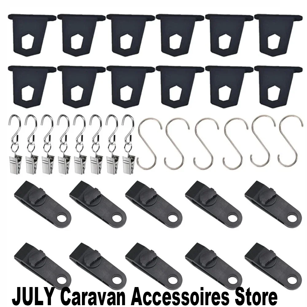 36x RV Awning Hooks for Fiamma, Thule Omnistor Motorhomes - S-Shaped Camping Hangers with Lights & Tarp Clips Set