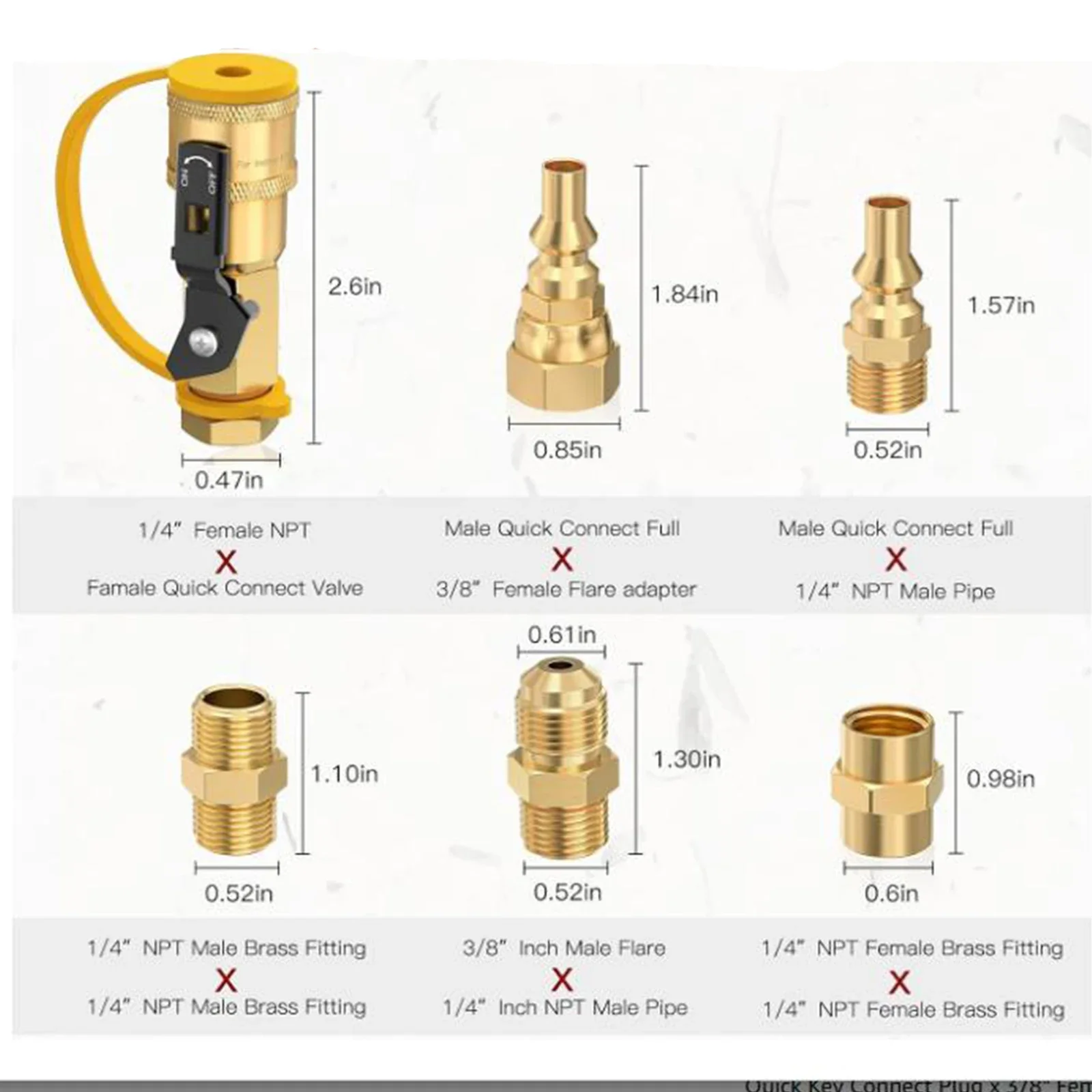 7Pcs RV Propane Quick Connector Brass Low Pressure Gas Appliance Fittings for Camping Stoves, Heaters & Grills