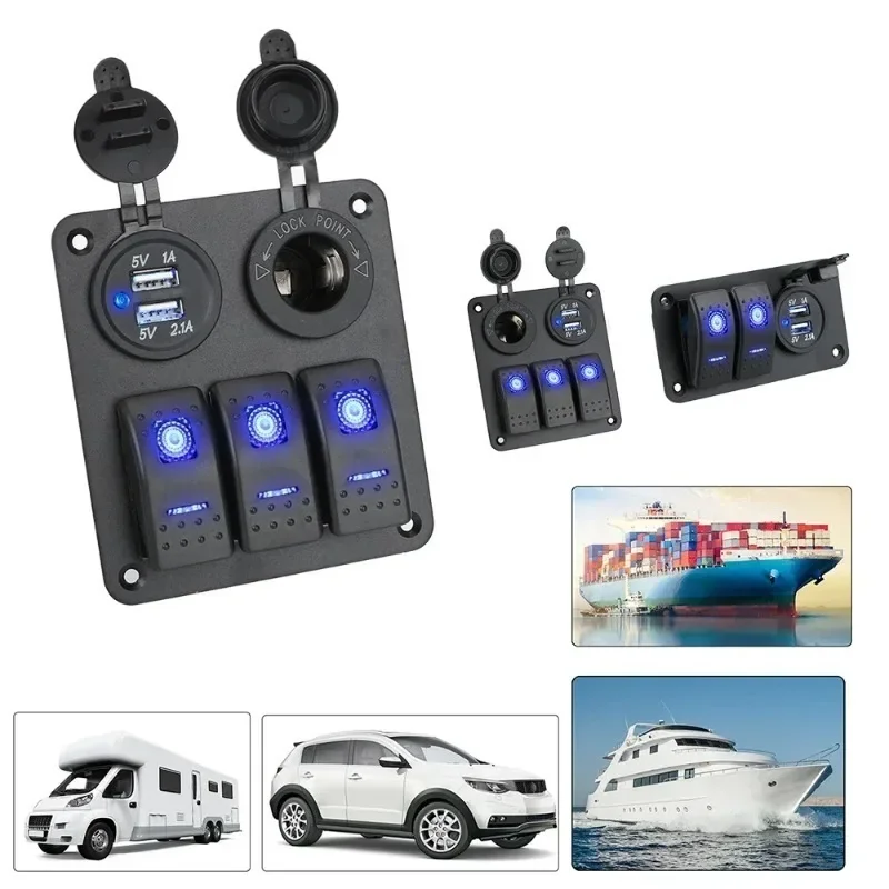 Dual USB Charger 12V/24V Motor Home/Car Switch Panel with Waterproof Toggle Light and Digital Voltmeter