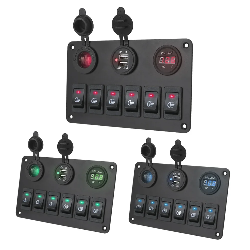 6 Gang Rocker Switch Panel with LED Digital Voltmeter, USB Ports, and Circuit Breaker, DC 12V/24V for Motorhome, Car, Marine