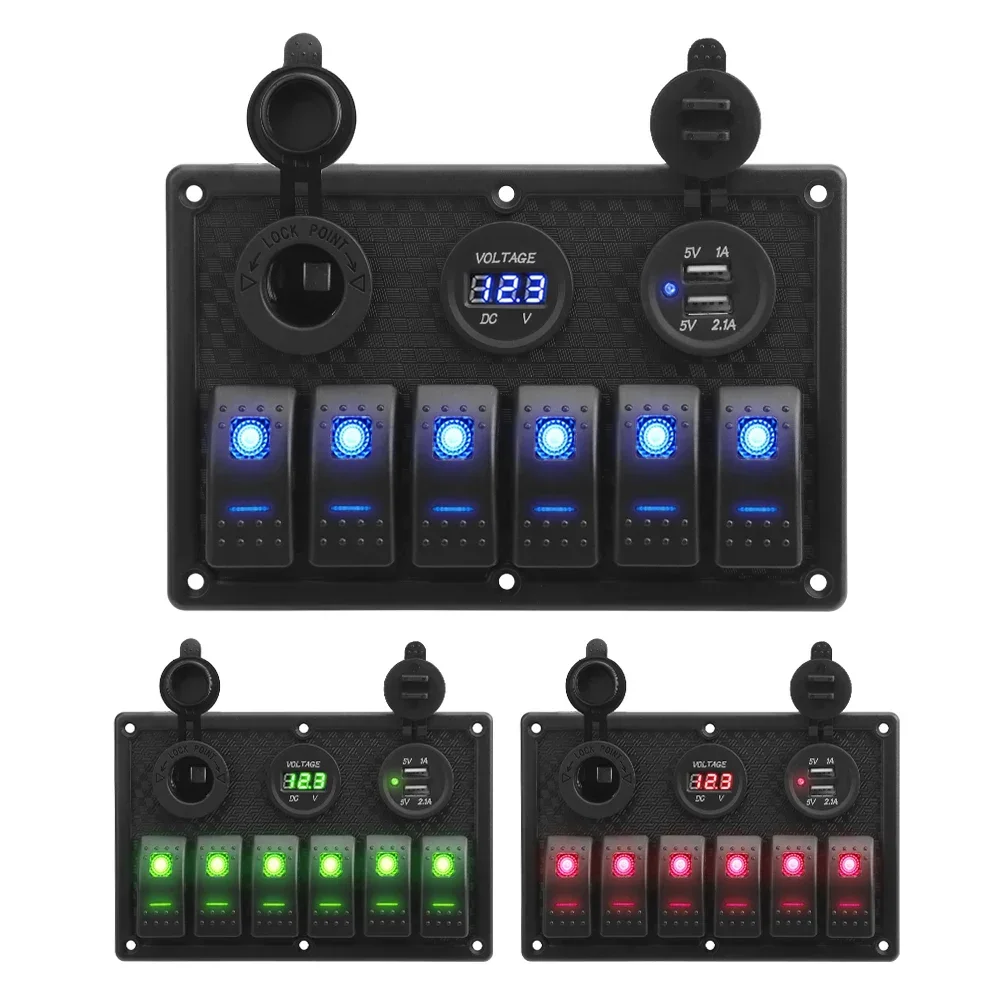 DC 24V/12V 6 Button Caravan Switch Panel with Digital Voltmeter & USB Charger Caravan Accessories for Marine, Boat